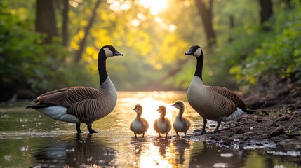 Obraz premium Golden Hour Geese Family by the Creek