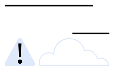 Bold exclamation mark in triangle beside outlined cloud. Represents system warning, cloud security risk, attention requirement, network error, caution, potential problem. Ideal for warning, alert