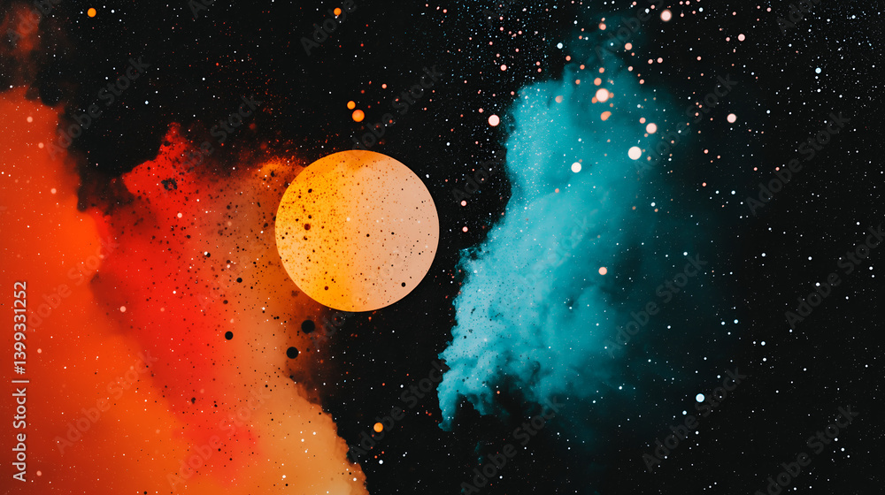 Poster abstract space background with orange circle and colorful nebula