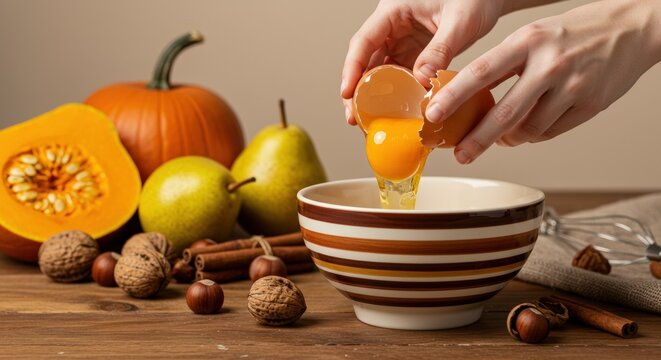 Autumn Baking Prep: Cracking Egg into Bowl with Pumpkin, Pears, and Spices.