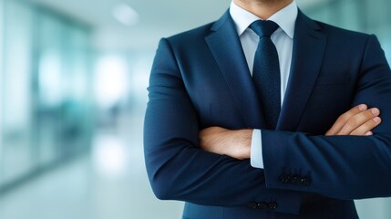 Businessman in a suit with crossed arms in a modern office setting.