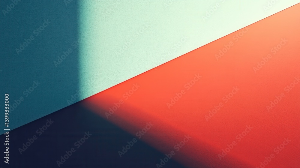 Poster a vibrant geometric composition featuring bold red and teal colors with contrasting shadows, creatin