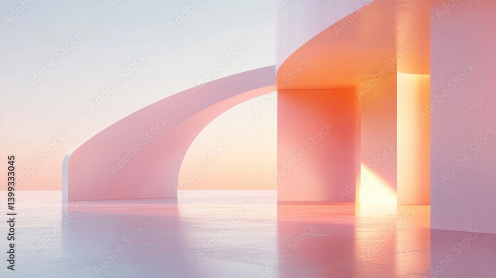 Poster a serene, modern architectural space features smooth curves and a pastel color palette, illuminated 