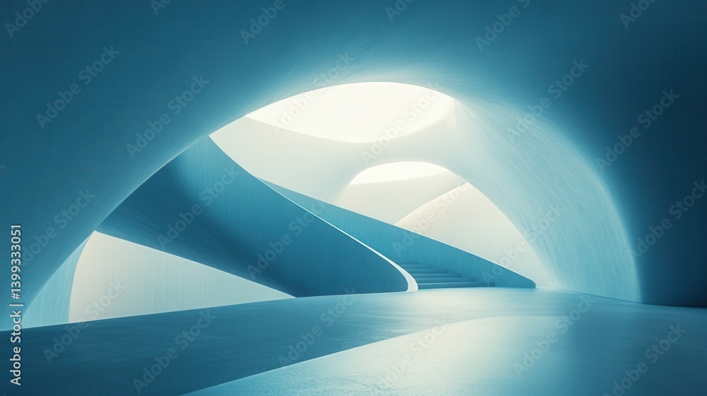 Poster a futuristic, abstract architectural space featuring smooth curves and soft lighting in shades of bl