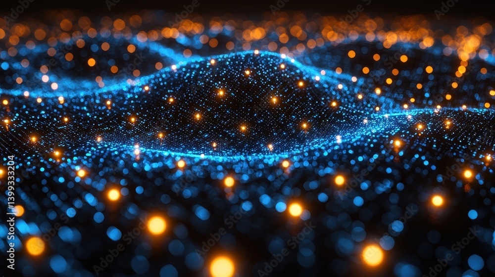 Poster captivating image of a mesmerizing glowing nebula of interconnected digital particles and light form
