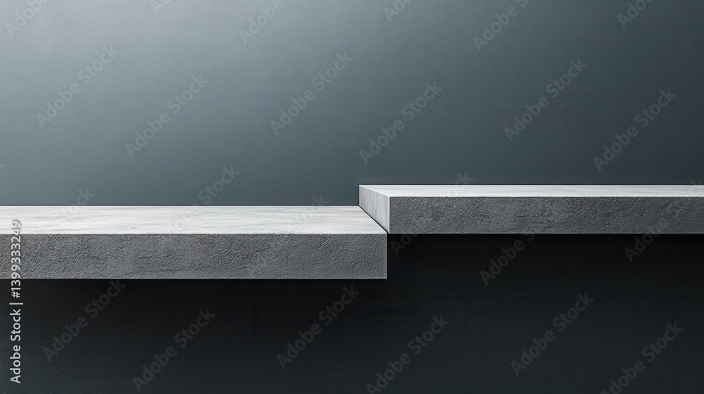 Poster minimalistic display shelves with a smooth, textured surface against a dark backdrop, showcasing mod
