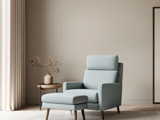 Stylish modern chair in a serene room setting with light colors and minimal decor.