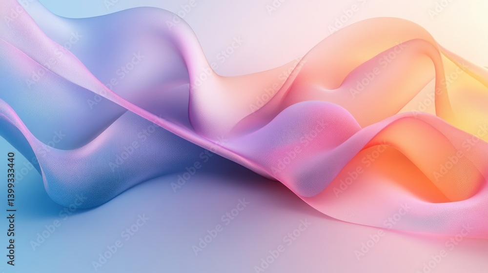 Poster a vibrant, abstract representation of flowing fabric-like shapes in soft pastel colors, creating a s