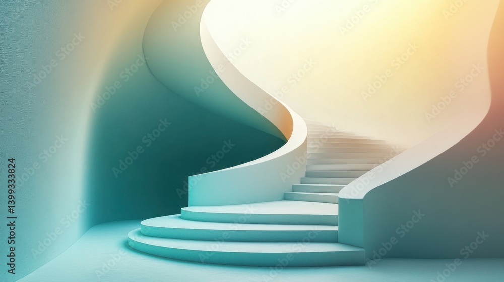 Poster a serene, modern spiral staircase bathed in soft light, blending curves and angles in a minimalist d