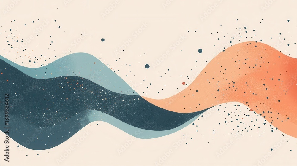 Poster a minimalist abstract design featuring flowing waves in blue and orange with scattered dots, creatin