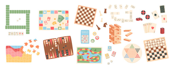 Flat collection of board game set. Boardgame selection with chess, poker, domino, jenga, and bingo pieces. Fun puzzles for family and children at home or parties, playful graphic. © moonnoon