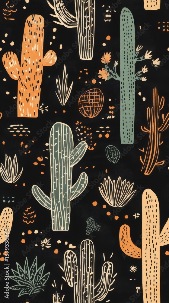 Poster seamless pattern prompts cactus desert theme. colorful cactus pattern on dark background