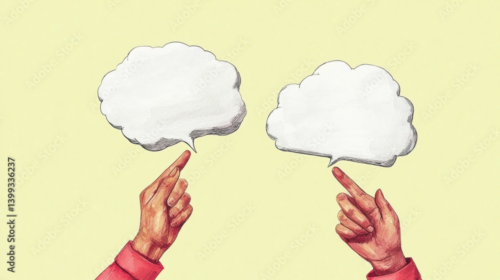 Poster two hands pointing at empty speech bubbles for communication concept