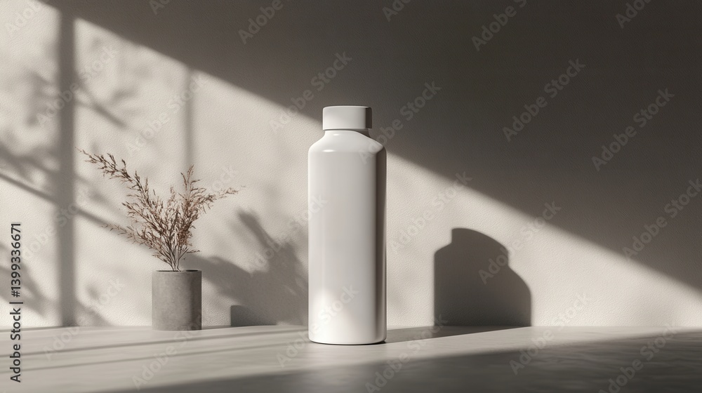 Poster a minimalist scene featuring a white bottle and a small vase with a branch, illuminated by soft ligh