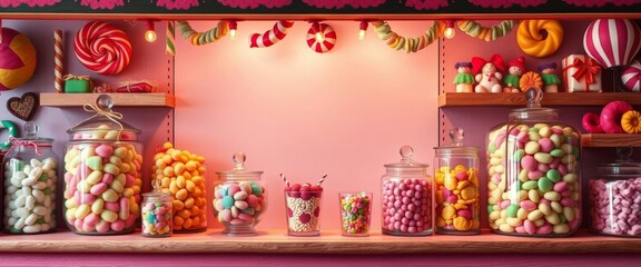 Naklejka premium Whimsical candy shop frame mockup showcasing sweet art, vibrant candy jars, whimsical, artwork