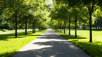 Obraz premium Lined Trees Pathway Through Park In Summer