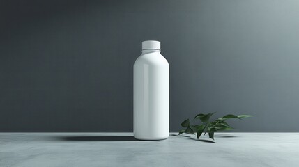 A minimalist scene featuring a white bottle and a green leaf against a muted backdrop, emphasizing simplicity and modern design.