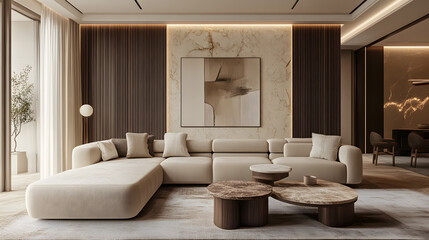 A stylish, contemporary living room featuring neutral tones, a sleek sofa, warm lighting, and elegant decor. Perfect for interior design inspiration, home decor blogs, and lifestyle magazines.