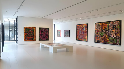 Fototapeta premium Modern Art Exhibition Hall With Colorful Paintings
