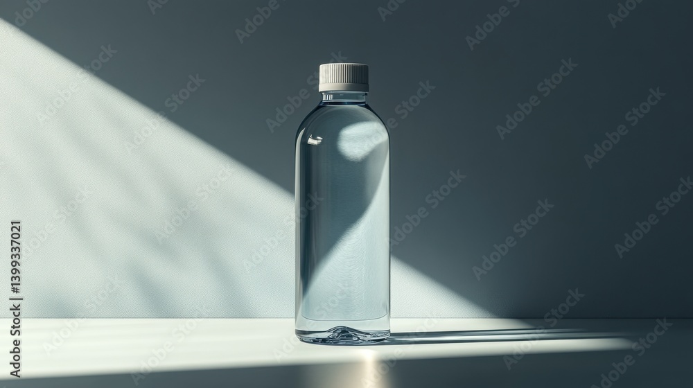 Poster a minimalist image of a clear water bottle, illuminated by soft light, casting subtle shadows on a s