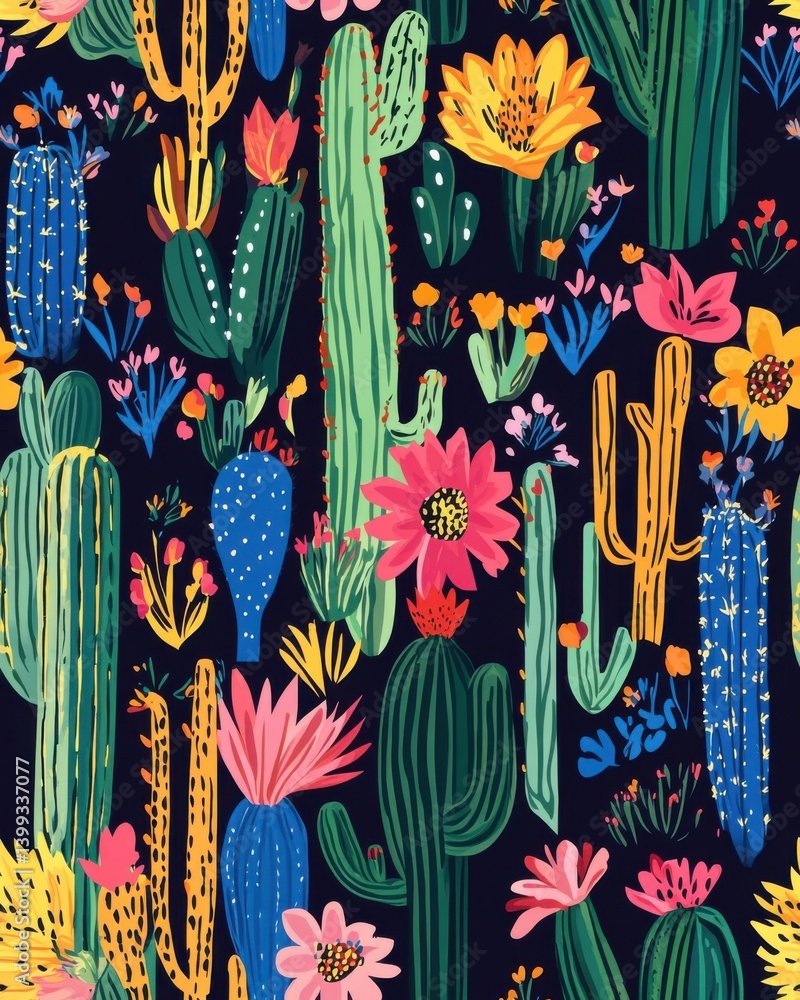 Poster seamless pattern prompts cactus desert theme. vibrant cactus and flower pattern on dark background