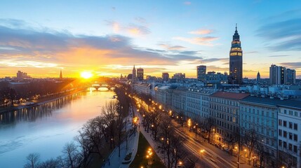 Naklejka premium Breathtaking aerial view of the Berlin cityscape with colorful sunset reflections on the tranquil river Vibrant lights illuminate the modern skyscrapers and landmarks