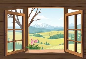 A rustic cabin window overlooks a scenic mountain vista.