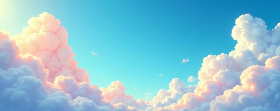 Whimsical comic cartoon sky with fluffy clouds, creative, humor