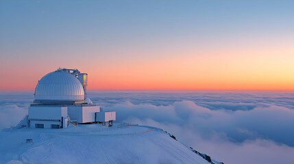 Snowy Mountaintop Observatory at Sunset