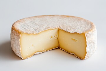 A wheel of cheese with a slice cut out