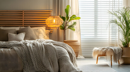 A spacious bedroom with a plush bed, textured fabrics, and aesthetic furniture in soothing tones. Ideal for promoting comfort, relaxation, and premium home decor.