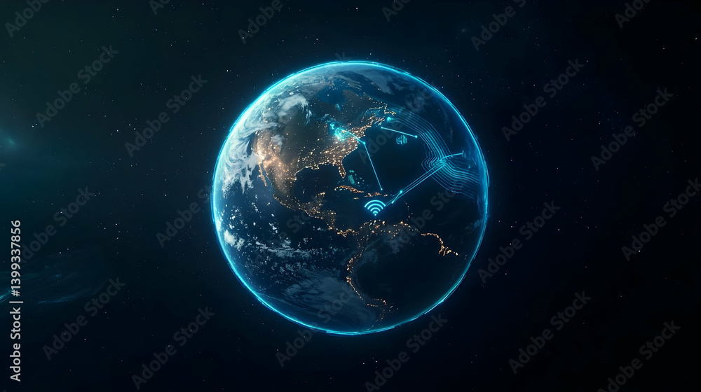 Poster digital visualization of earth in space with glowing network of points