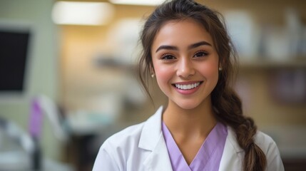 Fototapeta premium A smiling young woman in a medical coat, conveying warmth and professionalism in a healthcare setting.