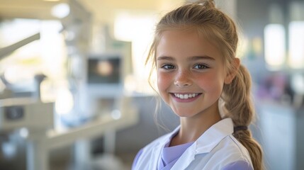 Obraz premium A smiling young girl in a lab coat stands in a bright, modern environment, suggesting a setting related to healthcare or science.