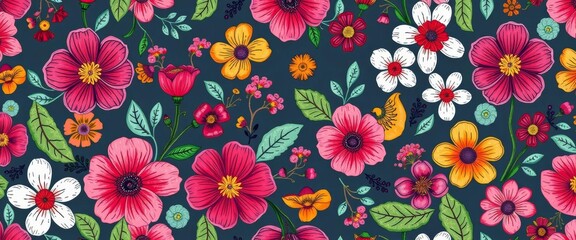 Whimsical hand-drawn floral seamless pattern, perfect for textile & paper goods, stationery, flower