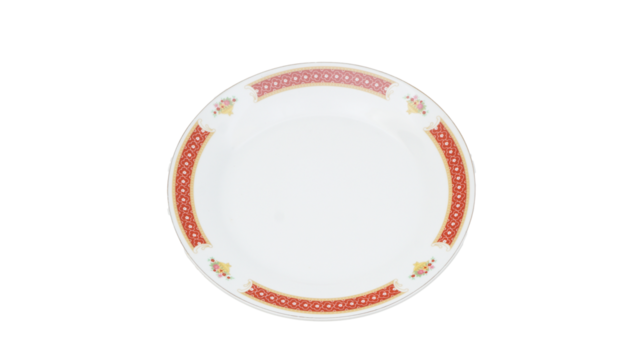 Empty white ceramic plate with red pattern edge isolated on transparent background