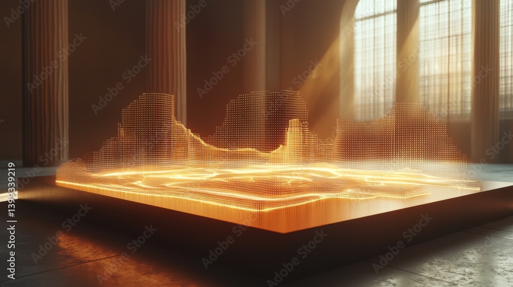 Poster a golden, illuminated landscape visualization glows softly in a spacious room with tall windows, mer