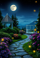 Moonlit Serenity: Garden Path with Gazebo and Fireflies