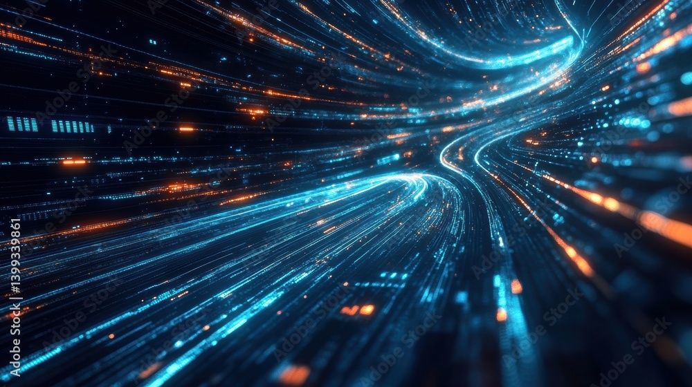 Poster a dynamic abstract image featuring flowing lines of blue and orange light, representing motion and e