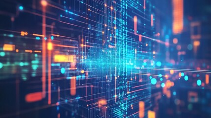 Fototapeta premium A vibrant abstract representation of digital data flow, featuring glowing lines and nodes in blue, orange, and black, symbolizing technology and connectivity.