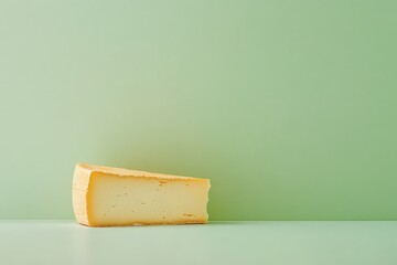 Fototapeta premium A single wedge of cheese resting on a light green surface