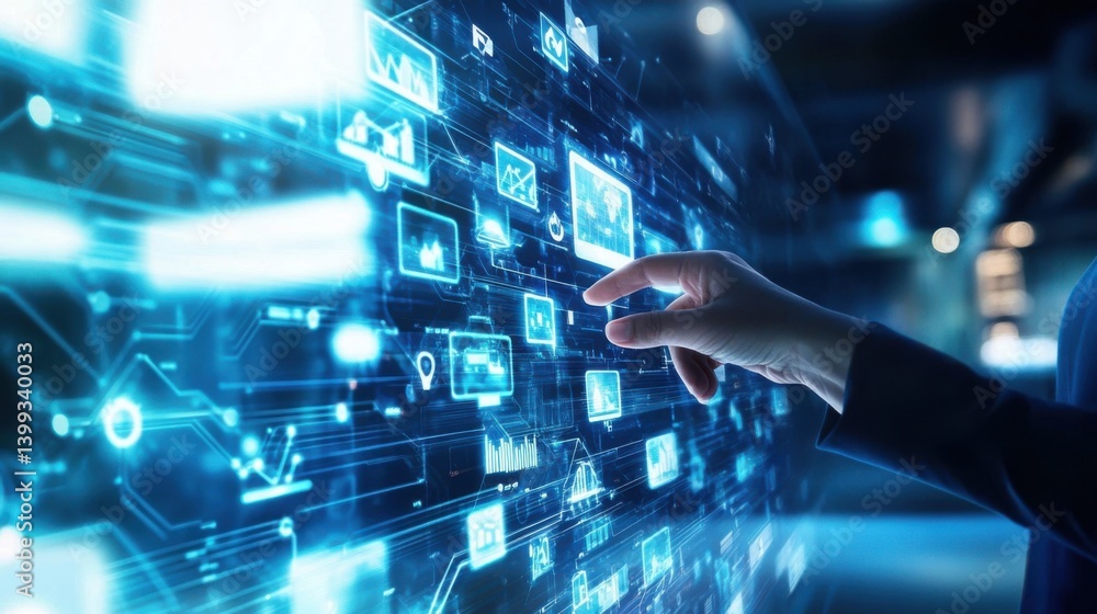 Poster a futuristic interface with glowing digital screens and a hand interacting with the technology, show