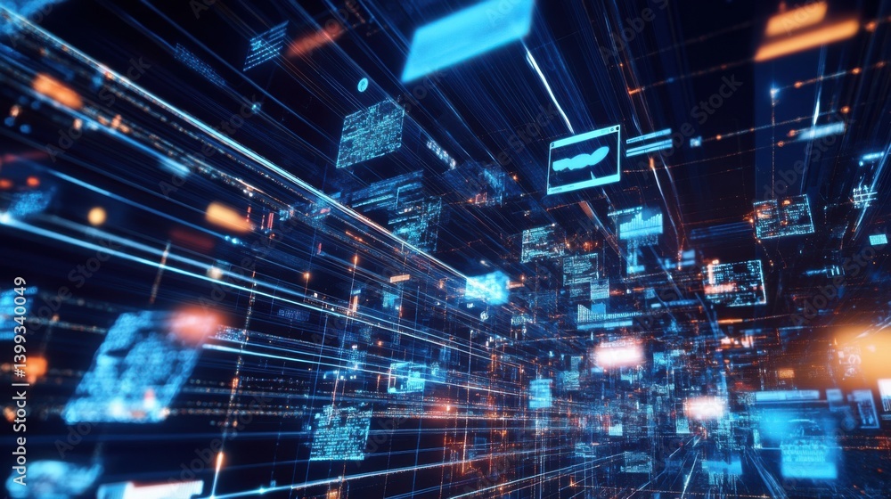 Poster a vibrant digital landscape filled with floating data blocks, symbolizing advanced technology and in