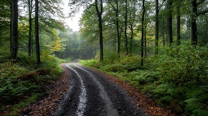 Fototapeta premium Forest Dirt Road With Autumn Leaves