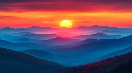 Mountain range silhouette, dramatic sky, twilight colors, distant peaks, layered landscape, serene atmosphere, panoramic view.