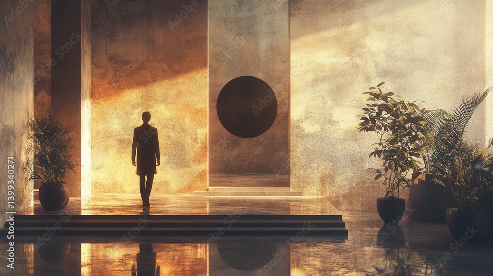 Poster a serene interior scene featuring a figure walking towards a large circular feature, illuminated by 