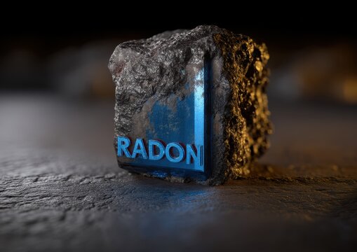 3D illustration of a radon element block on a textured surface showing its crystalline structure.