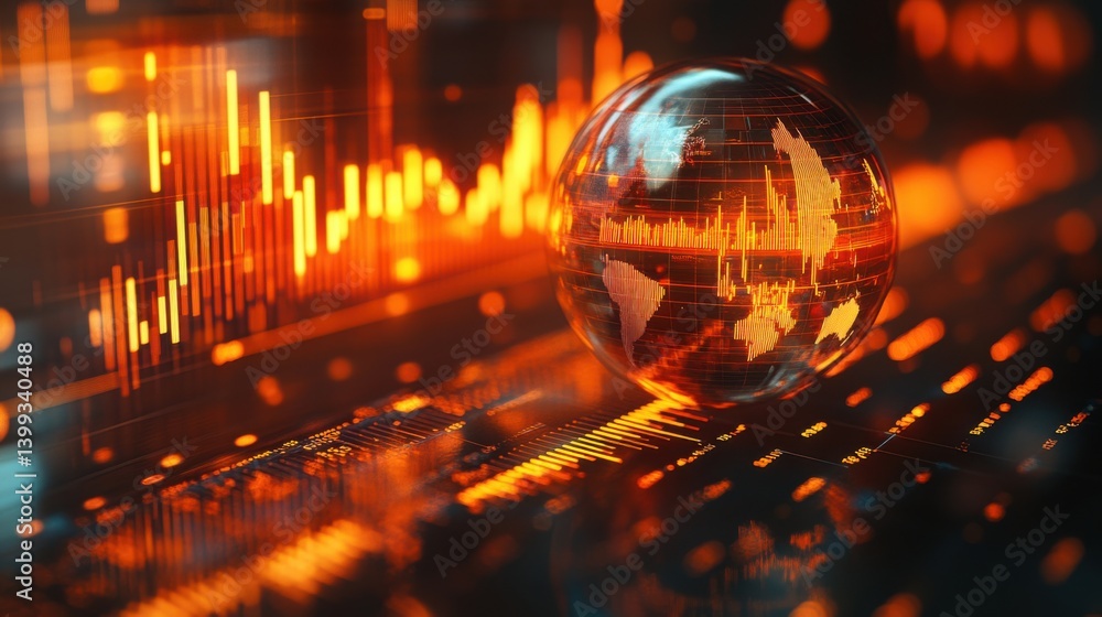Poster a digital representation of a globe surrounded by data charts, glowing in warm colors, symbolizing g