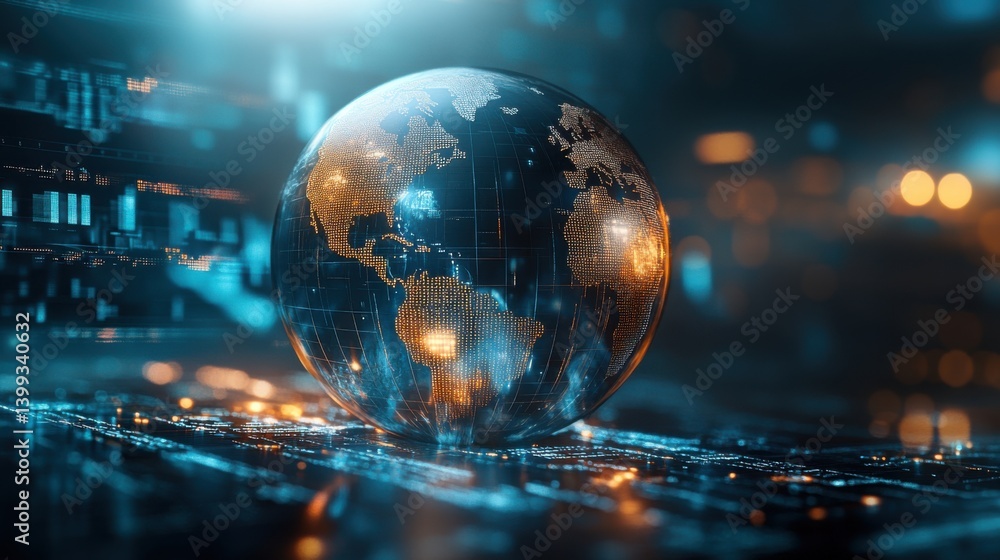 Poster a glowing globe surrounded by digital elements, representing global connectivity and technology in a