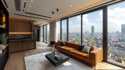 Stunning modern and luxurious apartment interior design with large window showcasing a panoramic view of the city skyline and skyscrapers